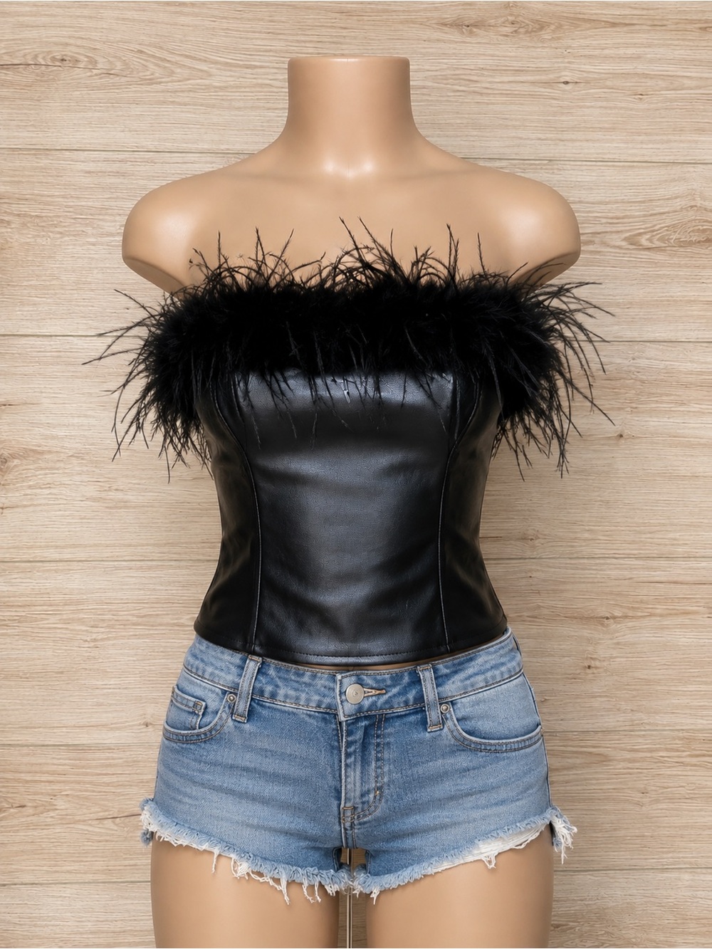 NWT Aqua Feather Trim Faux Leather Strapless Corset Top XS Bloomingdale’s